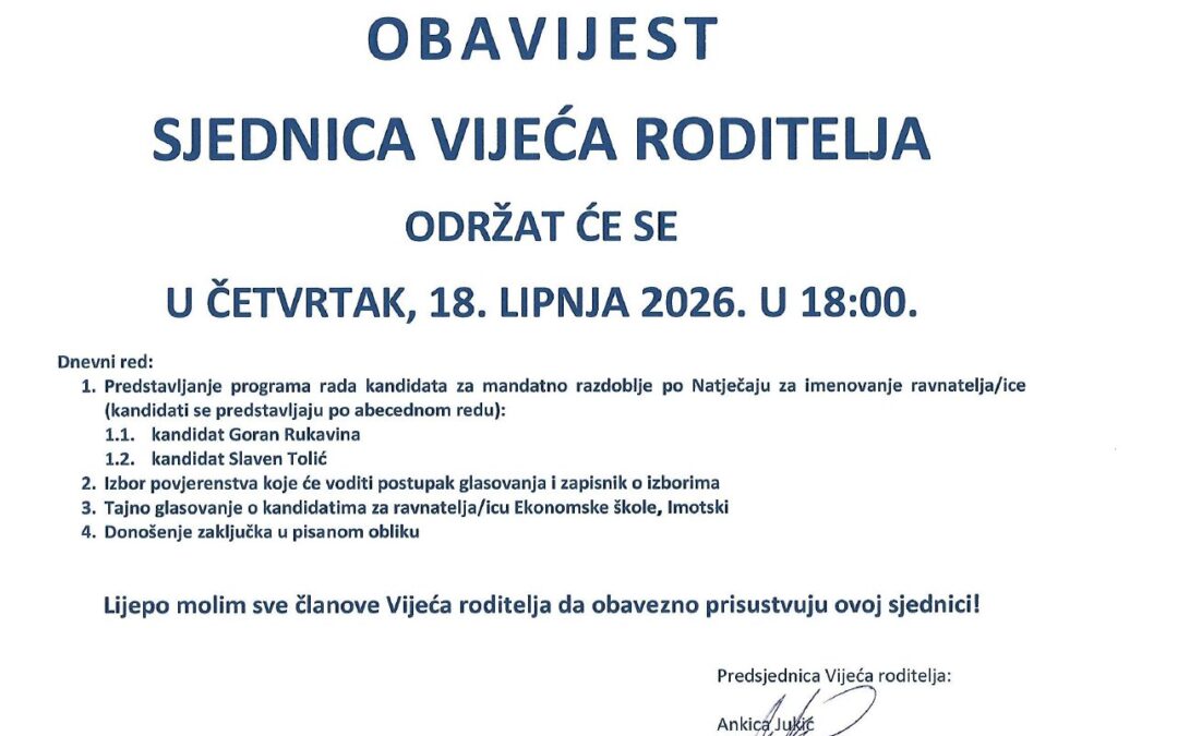 Sjednica Vijeća roditelja u postupku izbora ravnatelja-ice