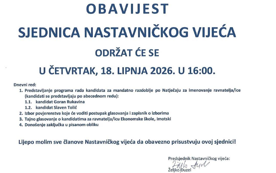 Sjednica Nastavničkog vijeća u postupku izbora ravnatelja-ice